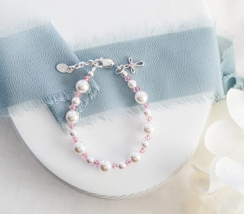Image of Cherished Moments 925 Sterling Silver Bracelet for Girls with Simulated Pearls and Crystals and Cross Charm First Communion Gift