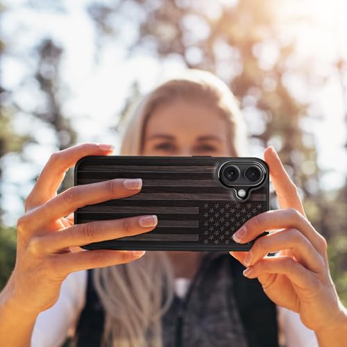 Image of Carveit Wood Case for iPhone 16 Plus, The Classic American Flag, Black | Magnetic iPhone 16 Plus Case Compatible with MagSafe Wireless Chargers, Engraved Wood with Soft TPU Shockproof Bumper