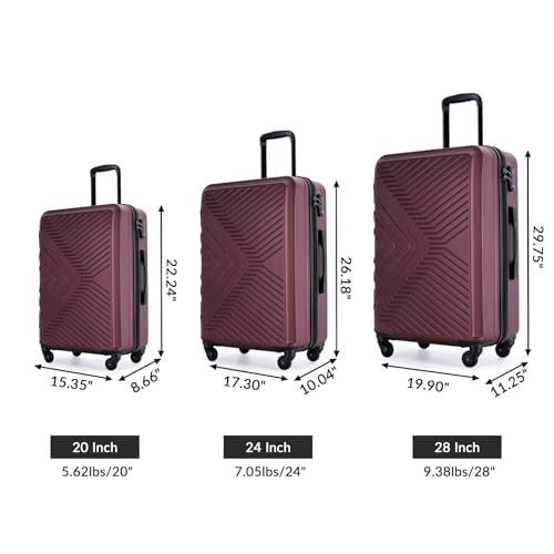 3 Piece Luggage Sets ABS Lightweight Suitcase with Two Hooks, Spinner Wheels, TSA Lock, (20/24/28) Wine Red2