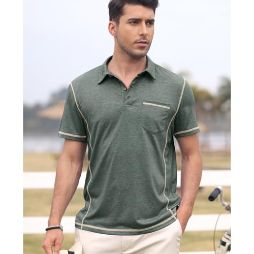 LAOARA Koszulka polo męska z krótkim rękawem, koszulka polo dla mężczyzn, sportowa, na lato, krój slim fit, Classics, zapięcie na guziki M-3XL, zielony, XL
