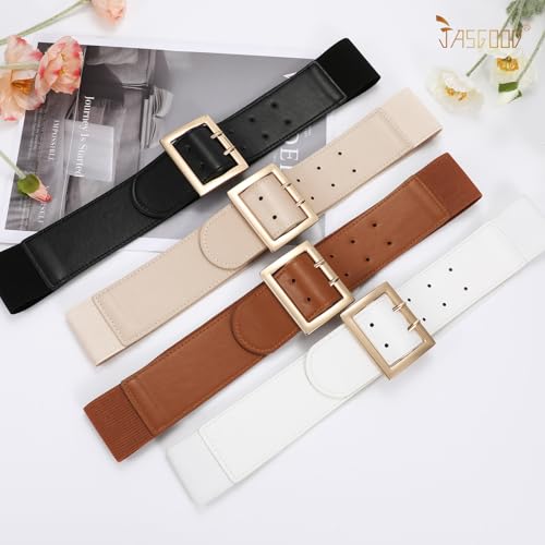 JASGOOD Women Wide Elastic Waist Belt for Dresses Fashion Gold Square Buckle Stretchy Leather Waistband for Ladies4