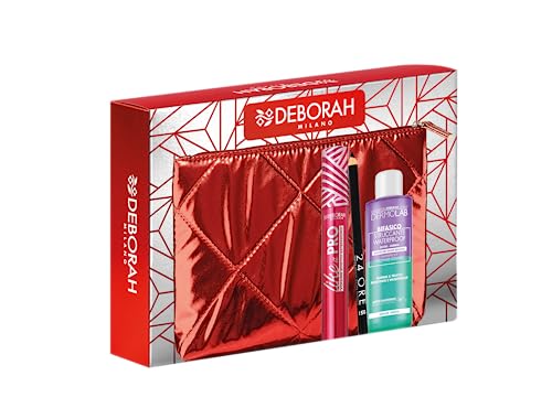 DEBORAH Milano - Set Regalo Donna Pochette Rossa, Include Mascara Like a PRO, Matita Occhi 24 Ore 251 Black e Struccante Occhi Bifasico Dermolab 50ml, N.03