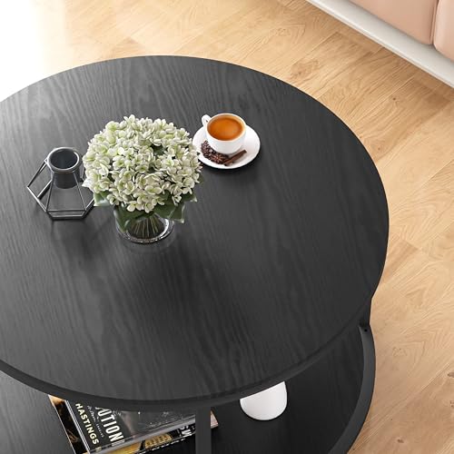 Image of NSdirect Round Coffee Table, 27.6 inch Small Coffee Table for Living Room,2-Tier Rustic Wood Desktop with Storage Shelf Modern Design Home Furniture(Black)