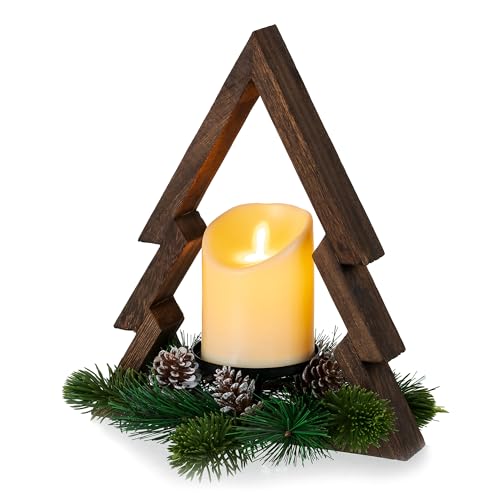 Hanobe Tabletop Christmas Decorations Indoor: Wooden Tree Frame with Pine Ring & Flameless Candle - Rustic Farmhouse Christmas Centerpiece for Buffet Table Fireplace Mantel Shelf Desk Home Decor