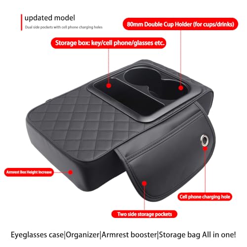 Image of Universal Car Armrest Cushion Organizer - PU Leather Center Console Pad with Cup Holder, Phone Storage & Side Pockets, Multifunctional Armrest Cover for Most Vehicles