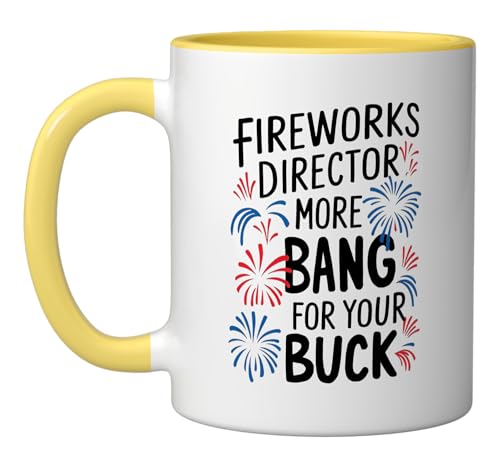 Fireworks Director more Bang for your Buck Firework Ceramic Mug, Yellow/White