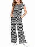 Haloumoning Girls Striped Jumpsuit Kids Summer Cap Sleeve Wide Leg Romper Button Down Outfits 5-14 Years