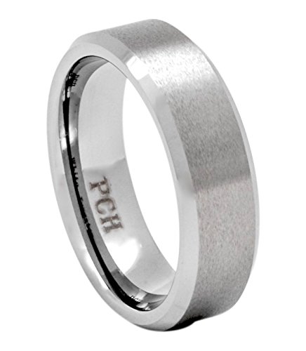 PCH Jewelers 7MM Men's White Tungsten Wedding Band Brushed Center Beveled Edge Comfort Fit (8.5)