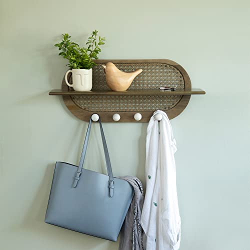 Image of Ellementry Lusha Wooden Cane Wall Shelf | Color: Grey Brown | Mango Wood | Furniture | Versatile | Decor | Handcrafted | Sustainable | Form and Function | Gifting |