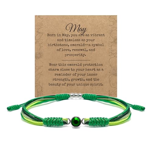 HARACRAFT May Birth Stone Bracelet, Lucky and Protection Tibetan Bracelet, Surfer String Wrap for Him and Her, Friend, Best Inspirational Gift For Grandma Mom, Mother's Day Gift (May-Emerald)