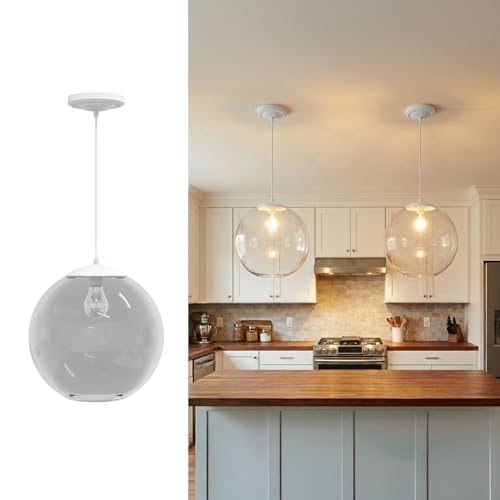 Image of KASTLITE 12 inch Acrylic Globe Pendant Light Fixture, 8W 3000K Filament LED Bulb, Ceiling Mount - Kitchen Pendant Lighting Over Island, Hanging Dining Light, Living Room Lamp - Clear Shade, White Base