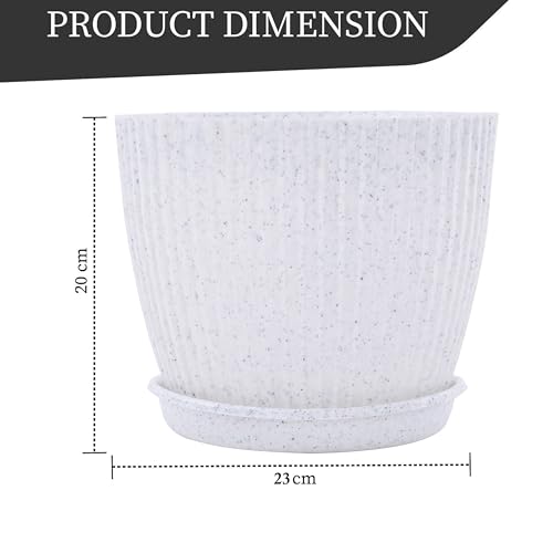 Image of Kuber Industries Plastic 8 Inch Pots for Plants with Tray | Planters for Home Decor, Living Room and Office | Indoor and Outdoor Flower Pots for Balcony and Terrace | Marble Mega - White