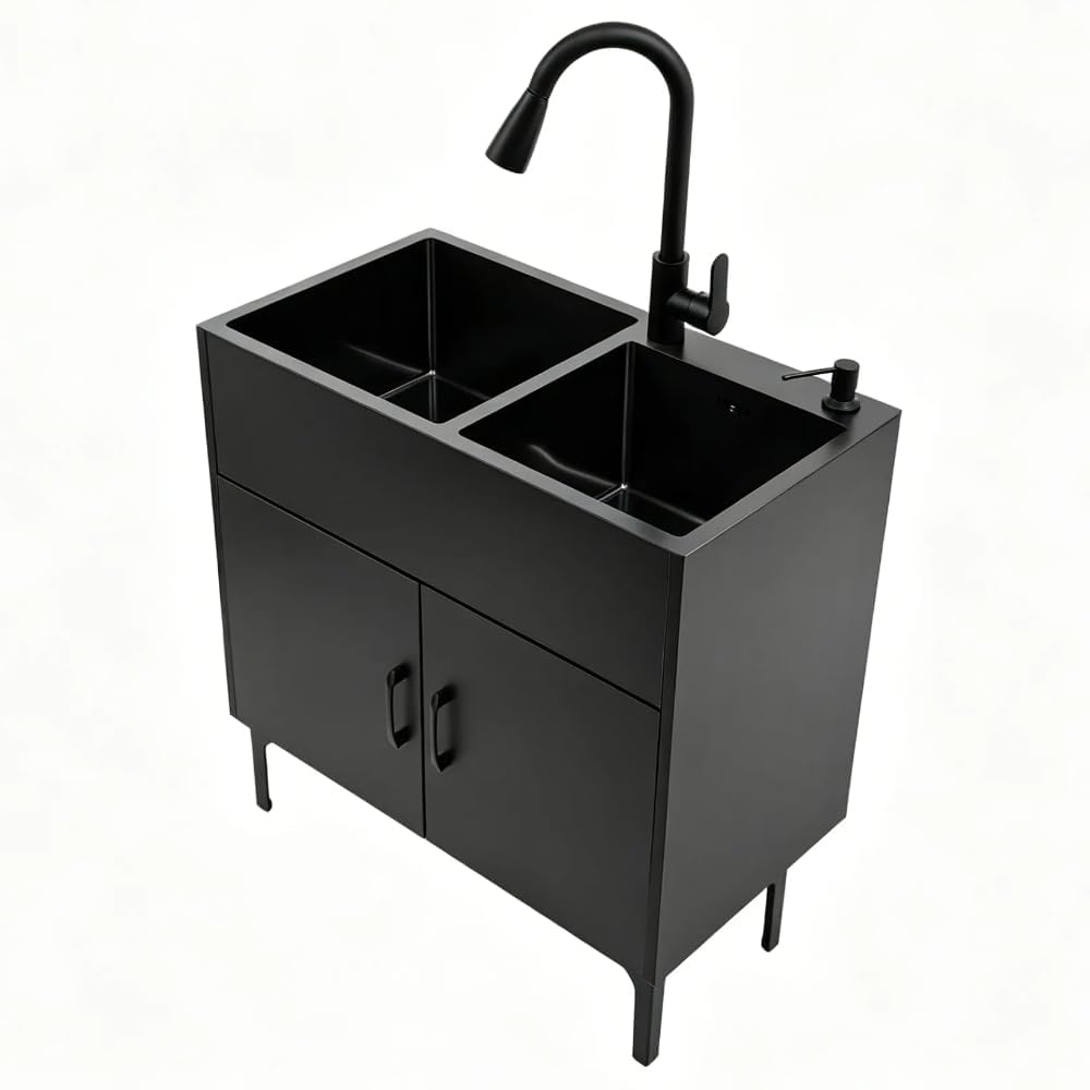Freistehende Edelstahl KüChenspüLe mit Unterschrank Ausziehbarem Wasserhahn Gewerbliche Doppelbecken SpüLenschrank für KüChe WäSche Badezimmer Komplettes Set(black,75x41x85cm)