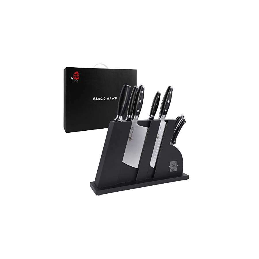 TUO-Knife-Set-8-Pcs-Kitchen-Knife-Set-with-Wooden-Block-German-HC-Stainless-Steel-Chef-Knife-Set-Ergonomic-Pakkawood-Handle-BLACK-HAWK-SERIES-with-Gift-Box TUO Kitchen Knife Set - 8 Pcs Knife Set with Wooden Block, Honing Steel Shears Included - German HC Stainless Steel Knife Block Set - Ergonomic Pakkawood Handle - BLACK HAWK SERIES with Gift Box