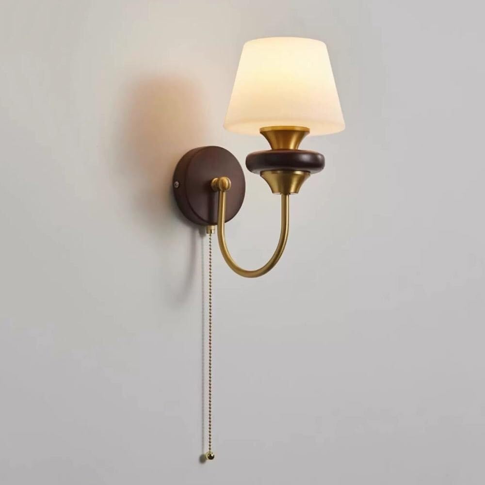 CWCQGH Nordic Wood Wall Lamp Modern Brass Wall Light with Pull Chain Switch and PE Shade, Retro Wabi Sabi Walnut Solid Wood Hardwired Wall Sconce for Bedroom Bedside Study Stairs Hallway Kitchen