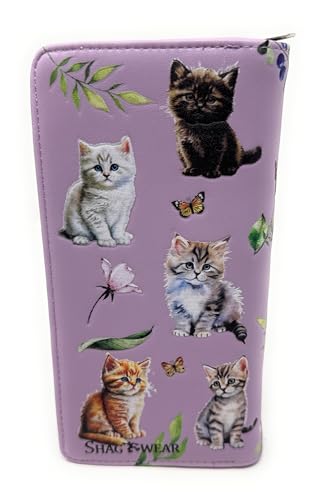 Shag Wear Kitten Garden Large Cat Wallet for Women and Teen Girls Vegan Faux Leather Ligth Purple Muave 7"3