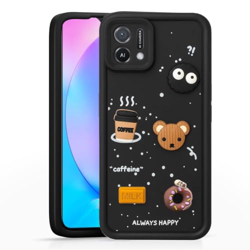 Image of Bintage Cute Fun Ball | Taddy Cartoon 3D Smiley Coffee Cup | Milk Donut | Full Protection Rubber Back Cover Compatible for Oppo CPH2349 / Oppo A16k - Black