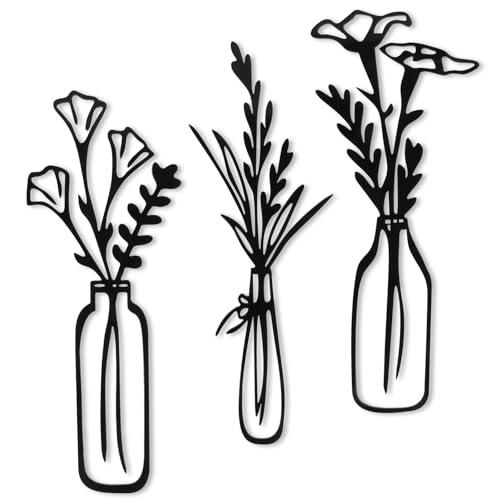 3 Pieces Flowers Vase Wall Art Hanging Decor Acrylic Flowers Wall Decor Black Minimalist Flower Wall Sculpture Decorative Floral Wall Decoration Vase Flowers Interior Decor for Living Room Bathroom