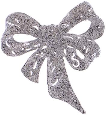Alilang Brooch Pin Bow Ribbon Silvery Tone Clear Crystal Colored Rhinestones