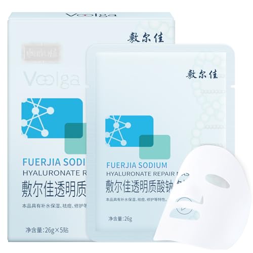 Voolga Sodium Hyaluronate Mask, Deep Hydration Face Mask for Sensitive Skin, Quick Soothing, Instant Calming, Hydrating, Moisturizing, Blemish Care, Skincare Sheet Masks, 0.92oz(26g) x 5ea