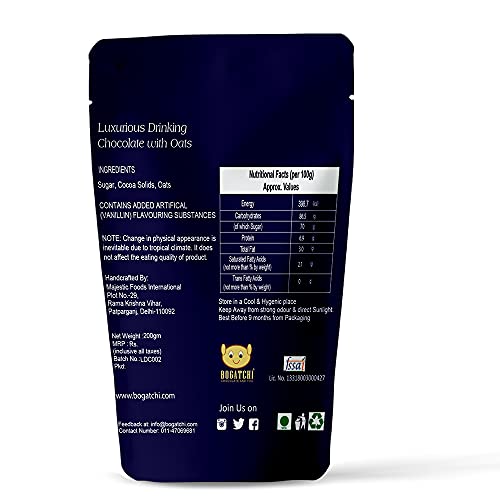 Image of BOGATCHI Luxurious Hot Chocolate Drinking Powder with Oats |Drinking Chocolate | Tasty | Vegan |Gluten Free| Dark Drinking Chocolate | Cocoa Powder - 200gram