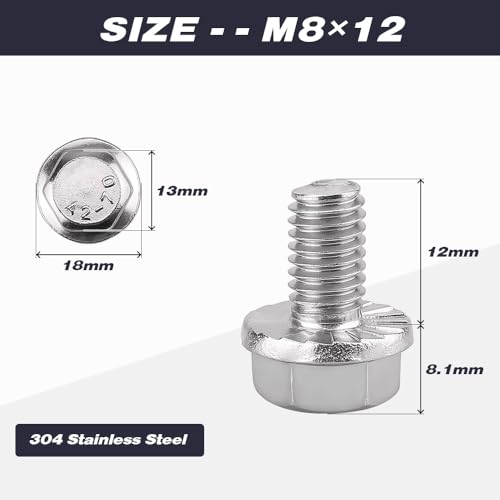 Image of M8-1.25 x 12mm (12 pcs) Flanged Hex Bolts, 304 Stainless Steel 18 /8, Large Washer Head Automotive Screws for Car Parts & Machinery Replacement