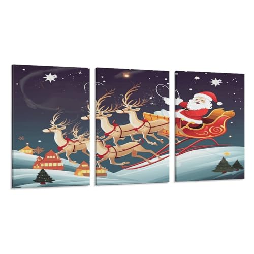 Toile murale à 3 panneaux Père Noël renne traîneau chambre