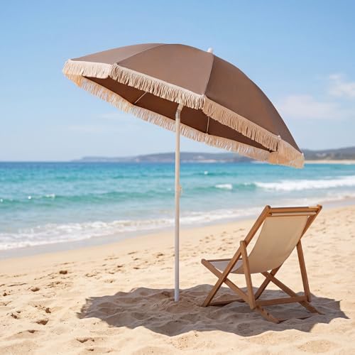 Tangkula 7FT Beach Umbrella with Fringe Outdoor Boho Umbrella with Tassels Push Button Tilt Sand Anchor 16 Ribs Vintage Patio Umbrella with Carry Bag for Sand Deck Pool Garden Backyard (Tan)
