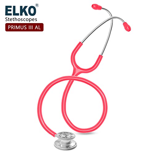 Image of ELKO EL-160 Primus III AL Aluminum Head Stethoscope For Doctors and Medical Students | Double Sided Chest Piece For Adult & Pediatric Patients | U-Shaped PVC Tubing | Soft Sealing Ear Knobs (Pink)