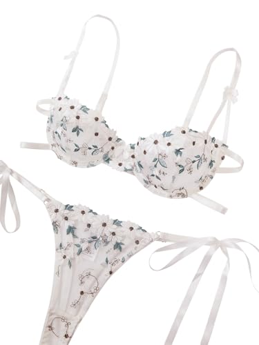Image of Lilosy Sexy Tie Side Cute Underwire Push Up Strappy Embroidered Mesh Sheer Lingerie Set
