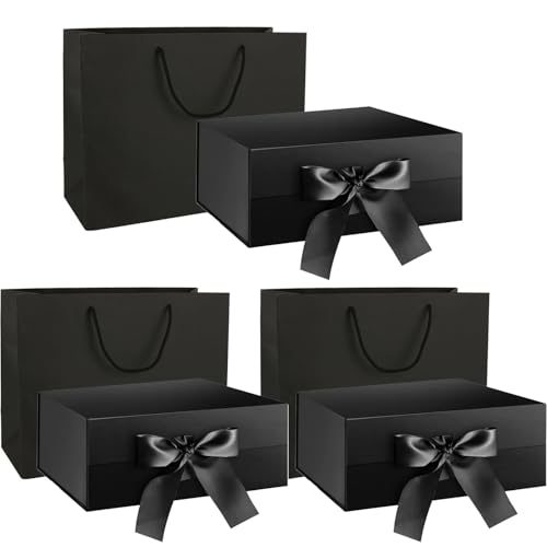 LOPYXBR Juego de 3 cajas de regalo con tapa, 32 x 22 x 10 cm, caja de regalo negra magnética, con bolsa de regalo y cinta, para bodas, Navidad, cumpleaños
