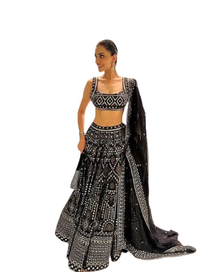 Futra GabhaWomens Designer Heavy Embroidered Lehenga With Backless Choli and Dupatta | Partywear Black Lehenga Set