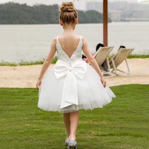 Lace Flower Girl Dresses for Wedding with Bow Spaghetti Straps Tea Length Princess Party Gowns2