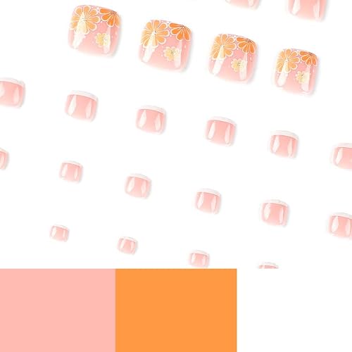 Yosomk Pink French Press On Toenails Orange Flower Short Fake Toe Nail Tips Press Ons Glossy Glue On Toe Nails Nude Square Summer False Toenails For Women 24Pcs #TOP4
