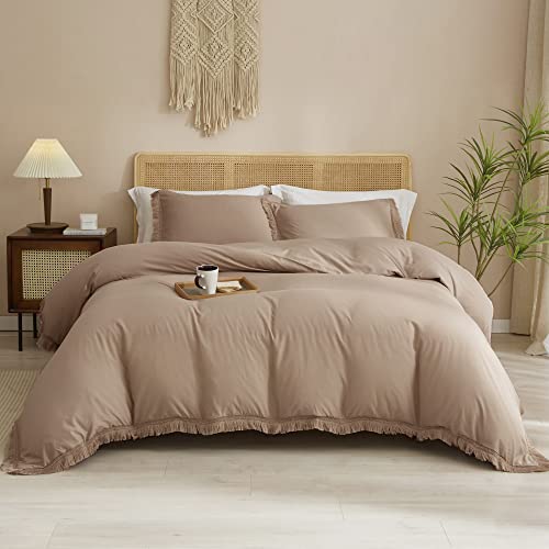 Smoofy 3Pcs Fringe Taupe Tassel Comforter Set Queen Boho Bohemian Cute Soft Tufted Microfiber Bedding Sets Modern Style For Men And Women (1Comforter + 2 Pillowcases) #TOP1