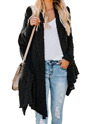 Sidefeel Women Long Sleeve Open Front Fuzzy Sweater Cardigan Medium Black