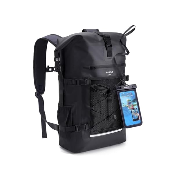 ECOHUB Waterproof Backpack for Women Men, 30L Roll-Top Closure Heavy Duty Dry Bag for Travel with IPX8 Waterproof Phone Case