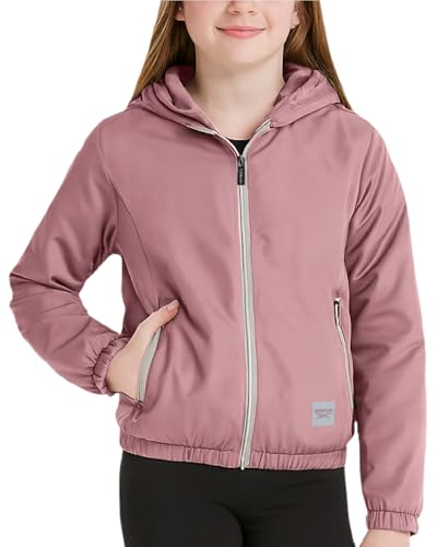 Reebok Girls Windbreaker Jacket - Lightweight Wind and Water Resistant Insulated Girls Jacket with Storm Cuff Sleeves & Hood, Size 7-8, Dusty Rose