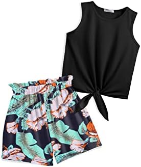 Arshiner Girl&#39;s 2 Piece Outfits Tie Knot Tank Top and Paperbag Waist Pocketed Summer Short Sets