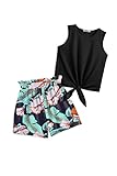 Arshiner Girl's Two piece Outfit Sleeveless T-Shirt and Summer Black Hawaiian Tropical Boho Shorts Set 8-9 Years