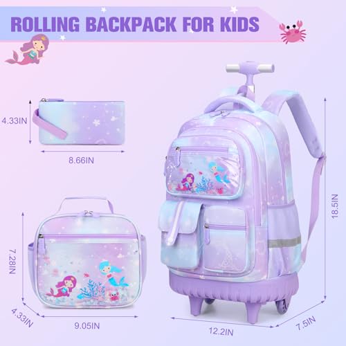 Kids School Rolling Backpack for Girls, Mermaid Bookbag with Lunch Box & Pencial Bag Set for Girl Kids Teens Elementary Middle School Student, Girls Laptop Travel Backpacks Daypack with Wheels2