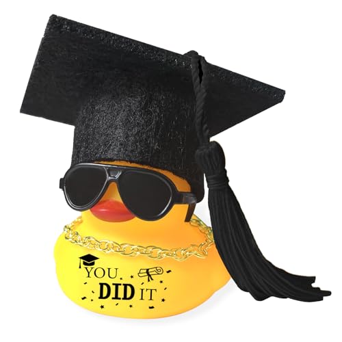 Car Dashboard Decor Graduation Hat Rubber Duck Car Accessories Ornaments with Mini Graduation Cap Necklace Sunglasses for Graduates Students Grad Gift (Black)