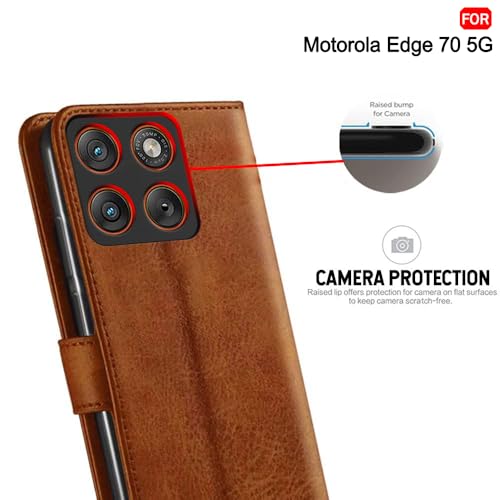Image of TheGiftKart Flip Cover Back Case for Motorola Moto Edge 70 5G | Genuine Leather Finish | Designer Button | Inbuilt Pockets & Stand | Wallet Style Flip Case Cover for Moto Edge 70 (Faux Leather, Brown)