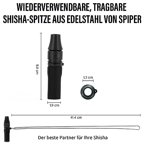 SPIPER Shisha Mundstück Edelstahl, Wiederverwendbares Shisha Hygiene mundstücke mit Abnehmbarer Kette, Persönliches Shisha-Zubehör für Vatertags, Passend für Alle Shisha-Schläuche, 1 Stück, Schwarz