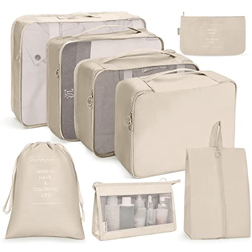 RYUNQ 8 Stück Packwürfel für Koffer, Reisetaschen, Kosmetiktasche, Koffer, Organizer-Taschen für Reisen, Geschäftsreisen, Aufbewahrung, Kleidung, Schuhe, Kosmetik, Toilettenartikel (beige) Cover