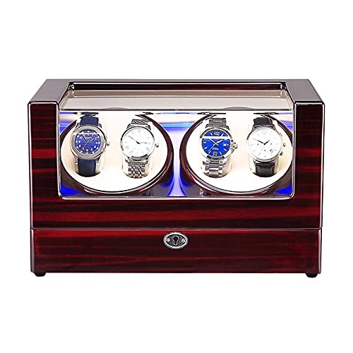 WYUYIW Enrollador de Reloj Caja enrolladora de Reloj para 4 Relojes automáticos Luz LED incorporada Carcasa de Madera Pintura de Piano Adaptador de CA Exterior y enrollador de Reloj ed (A)