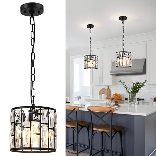 WELAKI Modern Crystal Pendant Light Fixture, Matte Black Finish Hanging Lighting Crystal Chandelier for Living Room,Kitchen Island & Entryway,Foyer,Hallway