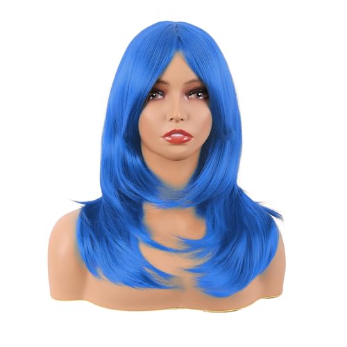 Image of MapofBeauty 20 Inch /50 cm Long Layered With Bangs Straight Synthetic fiber Shoulder Length Hair Party Wig (Bright Blue)