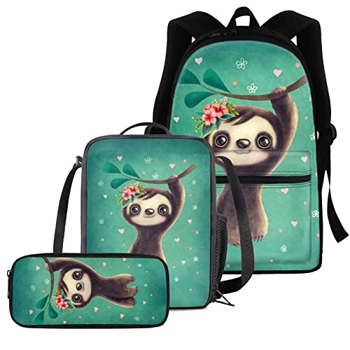 chaqlin Sac à Dos drôle Paresseux pour garçons Filles, Ensemble de cartables Cadeaux Paresseux, cartables Scolaires Mignons pour Enfants, boîte à Lunch Thermique, Trousse à Crayons 3 pièces