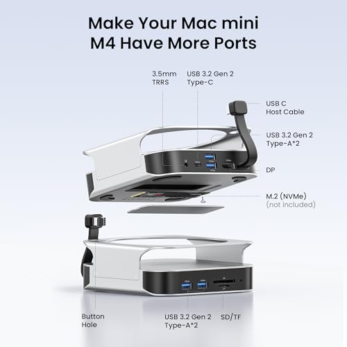 Image of VENTION for Mac mini M4 Dock, 10 in 1 Aluminum Stand for M4 /M4 Pro with M.2 NVMe SSD Enclosure, 4K@240HZ /144HZ USB A 3.2, 10Gbps Transfer, USB C Extender, SD /TF Reader, Silver